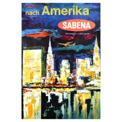 Original Vintage Cartel Publicitario de Viajes América Sabena Belgian Airlines