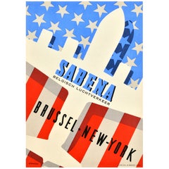 Affiche publicitaire vintage originale de voyage New York Sabena Belgian Airlines USA