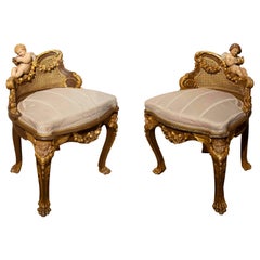 1850s Pair of Louis XV Polychrome Carved Wooden Chairs with Carved Cherubs