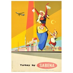 Cartel publicitario original de época sobre viajes Turquía Sabena Belgian Airlines Eynde