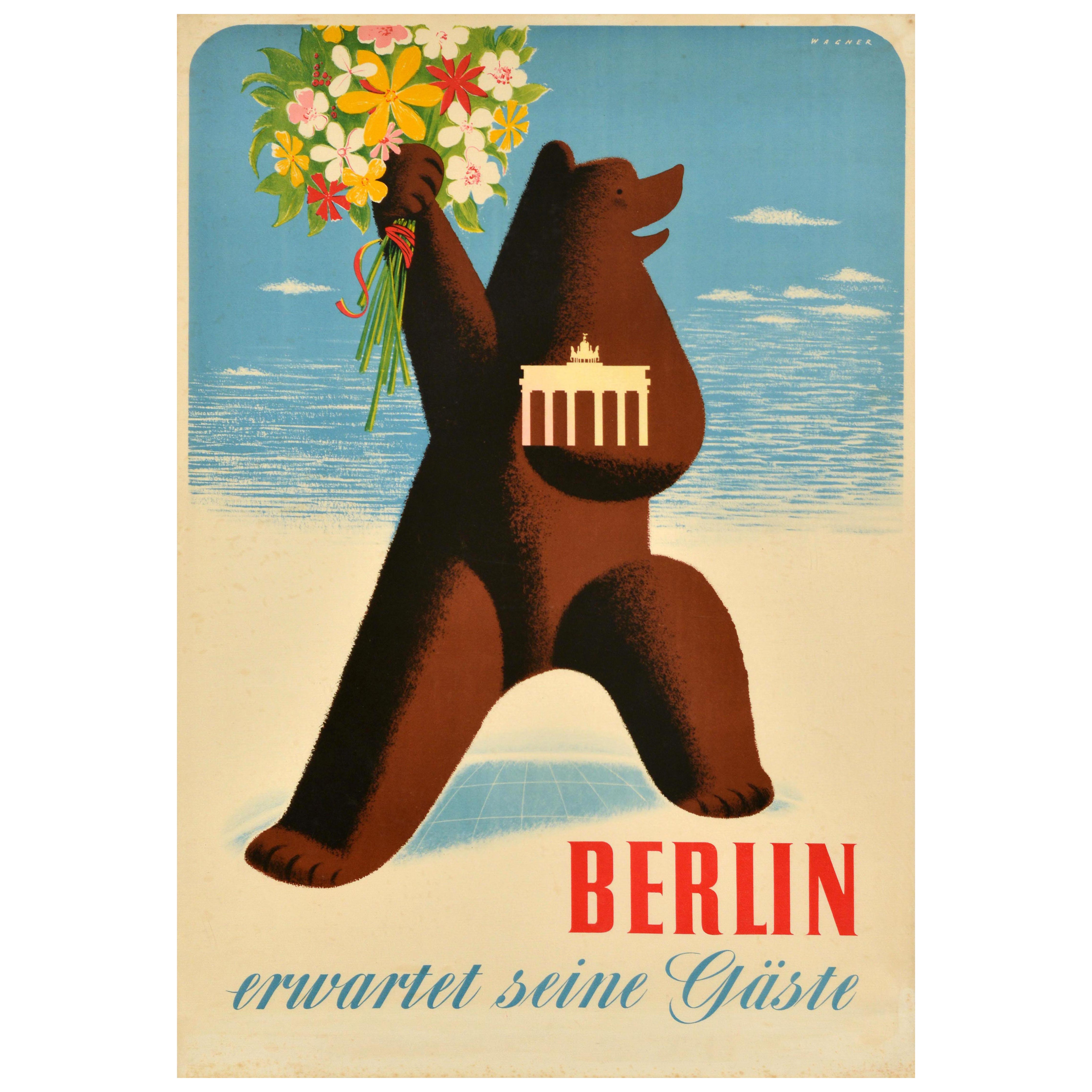 Original Vintage Cartel de Viaje Berlín Espera a sus Huéspedes Alemania Oso Wagner