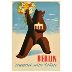 Original Vintage Cartel de Viaje Berlín Espera a sus Huéspedes Alemania Oso Wagner