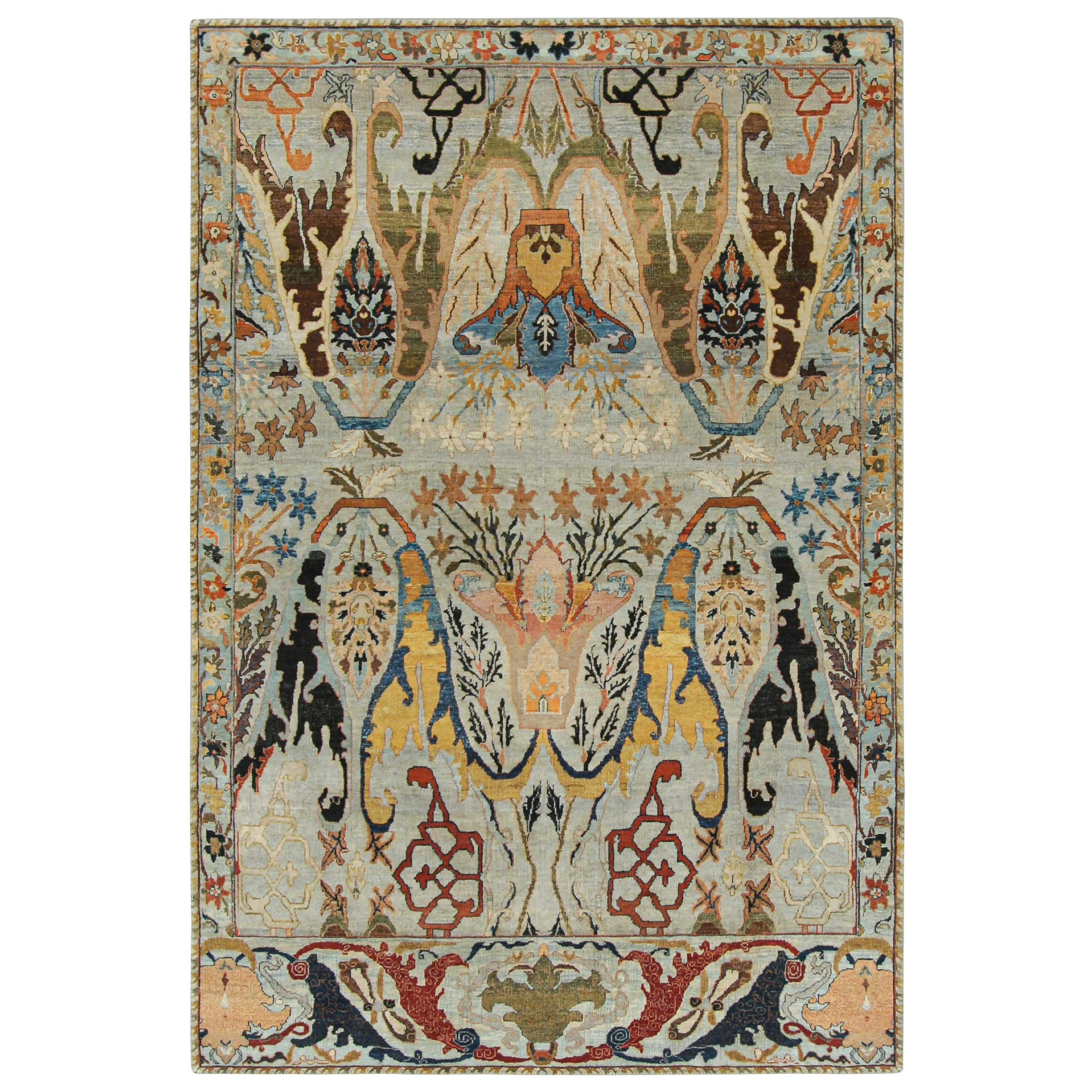 Rug & Kilim’s Persian Style Rug in Gray and Blue, Polychromatic Floral Patterns