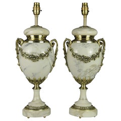 Antique Pair of Louis XVI White Cassolette Marble Table Lamps