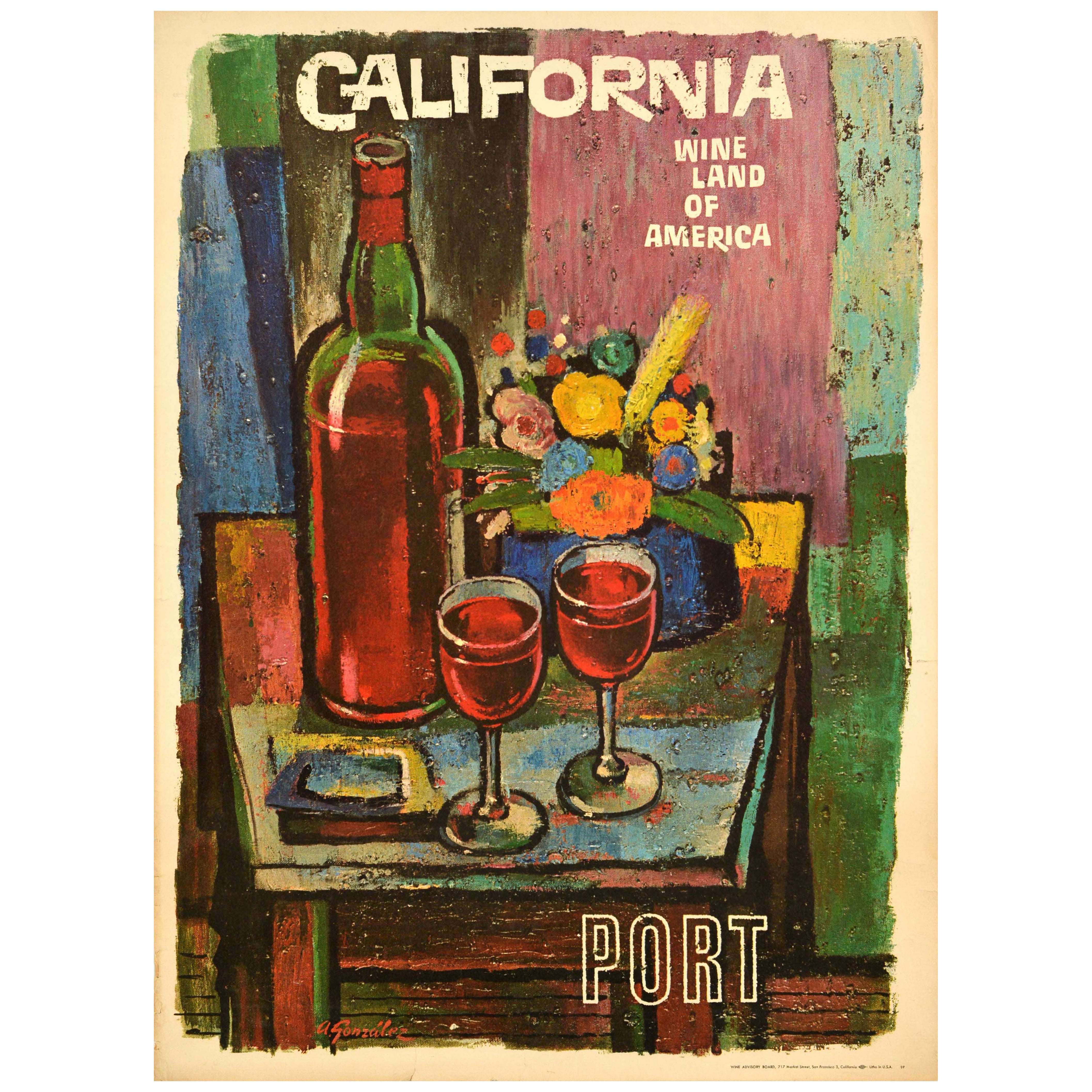Original Vintage-Werbe-Reiseplakat California Port Wine Land Of America, Vintage