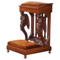 19th Century French Gothic Revival Prie-Dieu with Carved Angels and Velvet Seat