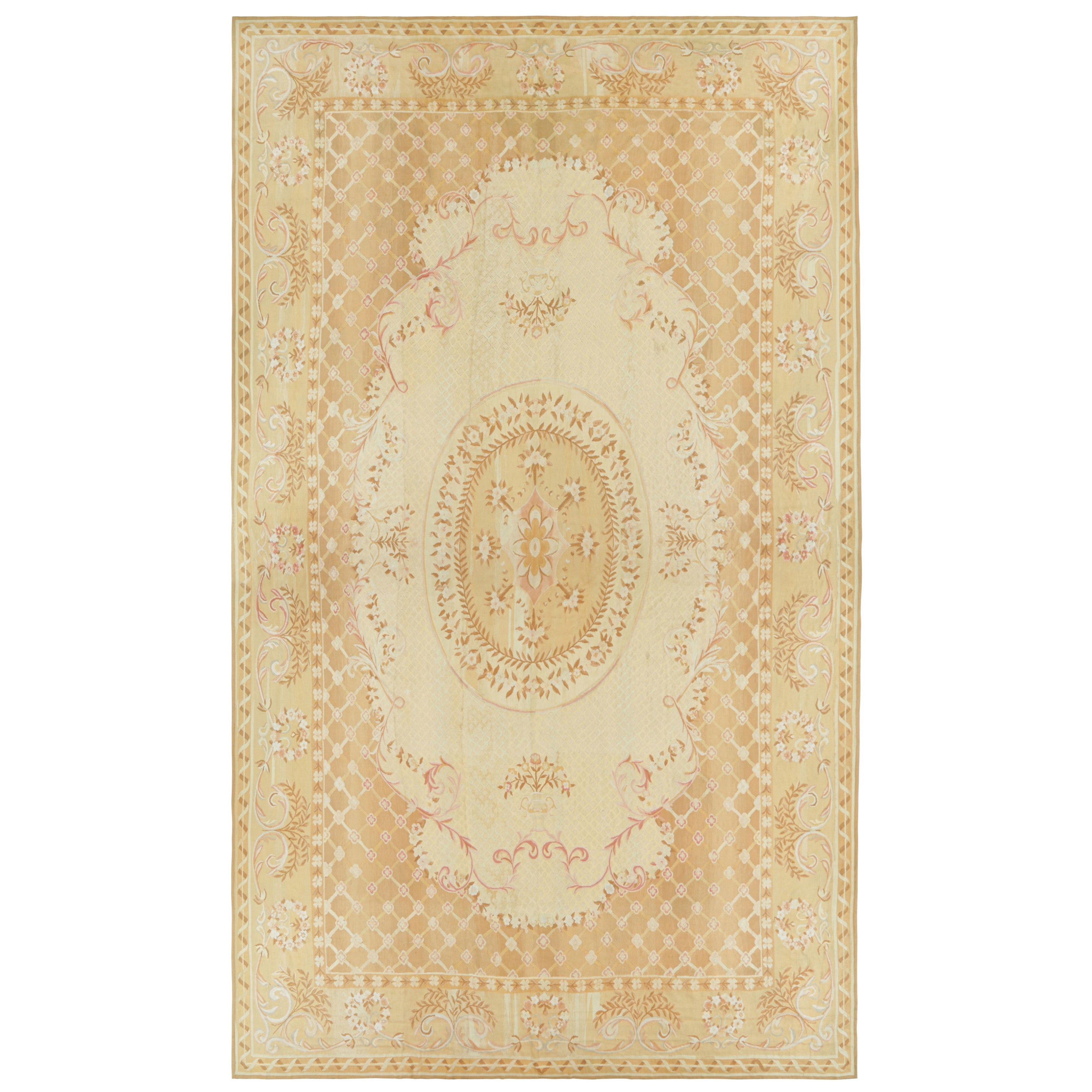 Oversized Antique Aubusson Rug, Floral Medallion over Cream Tones - Rug & Kilim