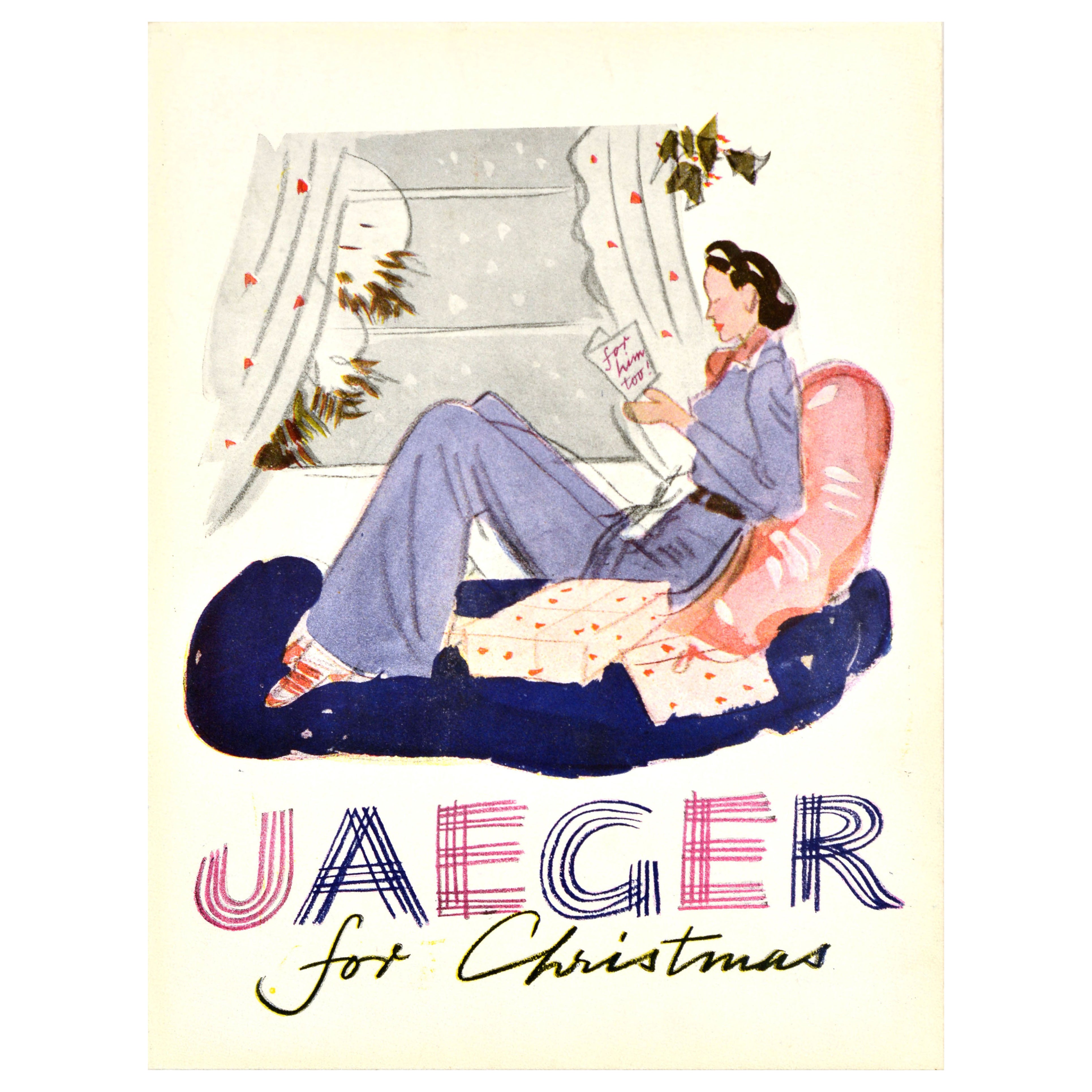 Original Vintage Advertising Poster Jaeger For Christmas British Fashion Brand