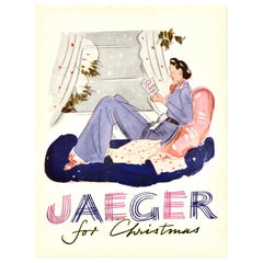 Cartel Publicitario Original Vintage Jaeger Para Navidad Marca de Moda Británica