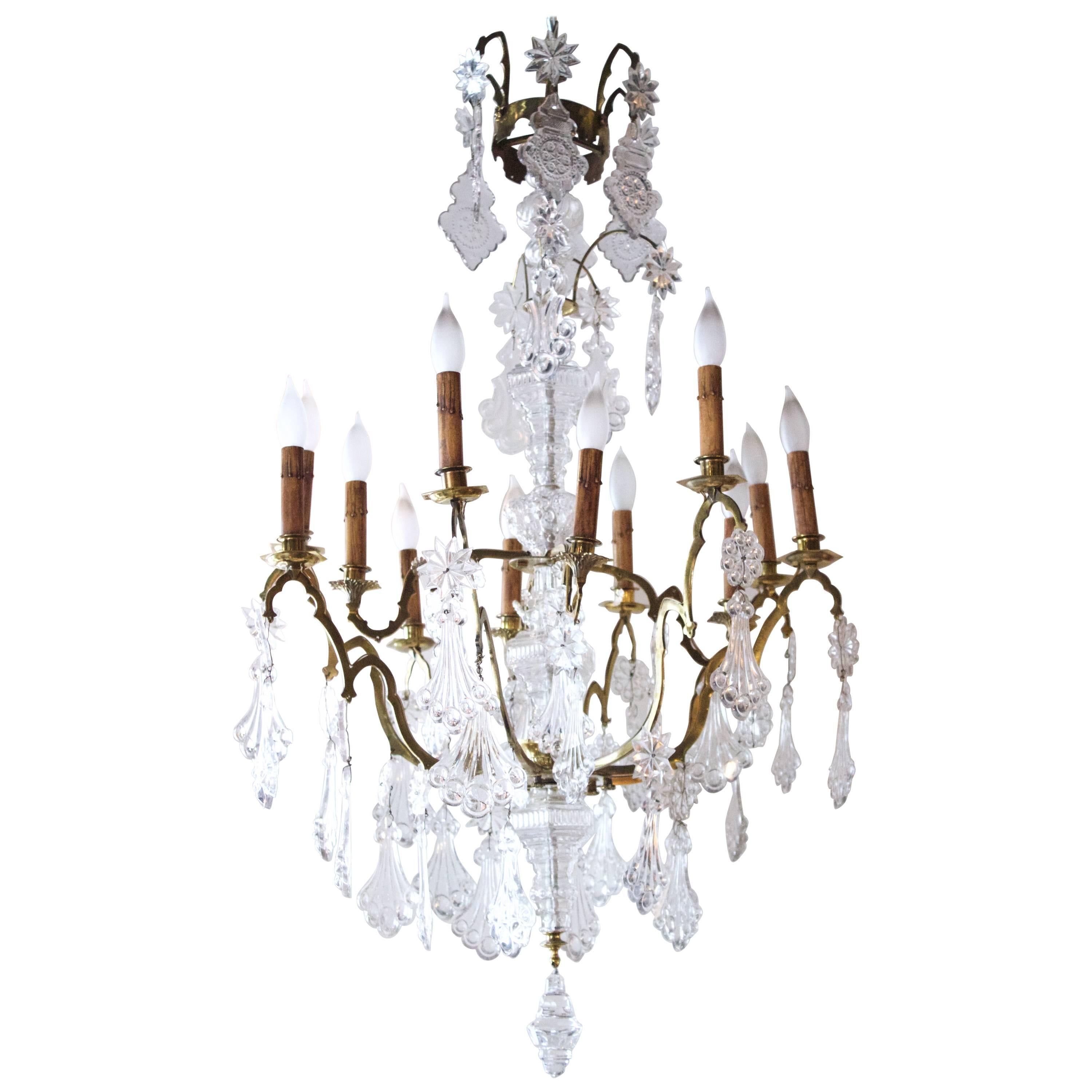 19th Century French Louis XV Bronze Cage and Crystal Twelve-Arm Chandelier  For Sale