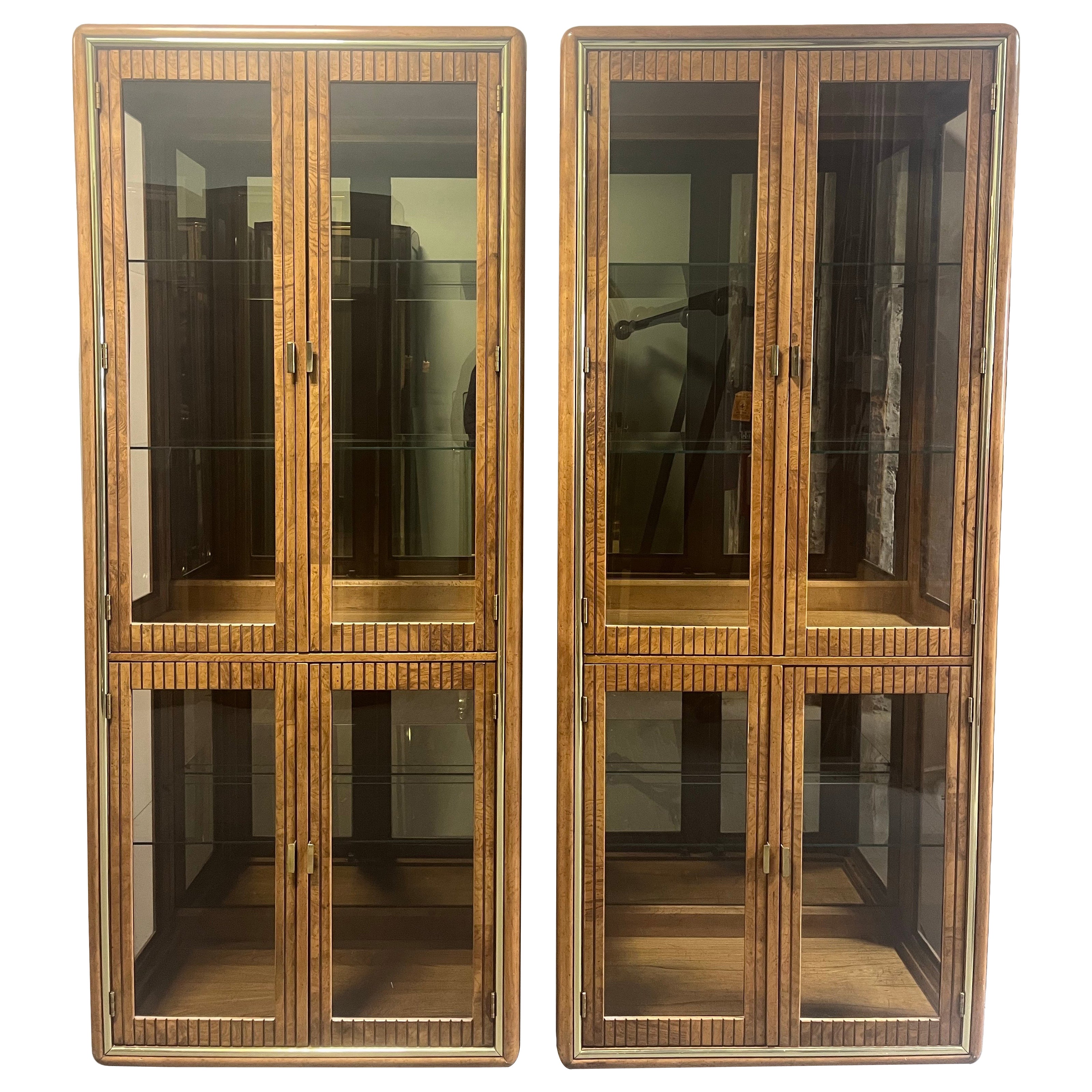 American of Martinsville Burl Curio Cabinets Lighted