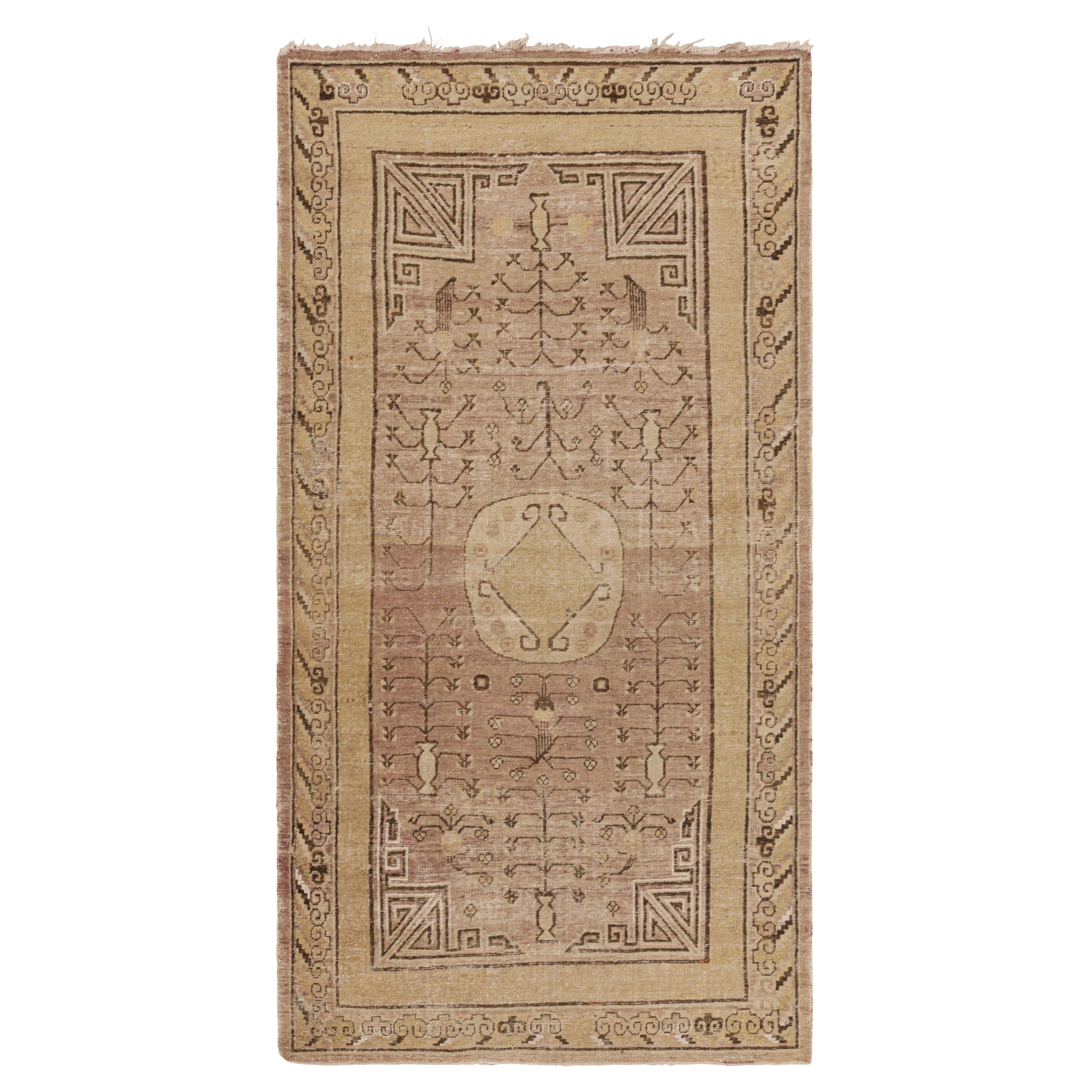 Antique Samarkand Rug in Brown, Pink, and Ochre Geometric Patterns - Rug & Kilim