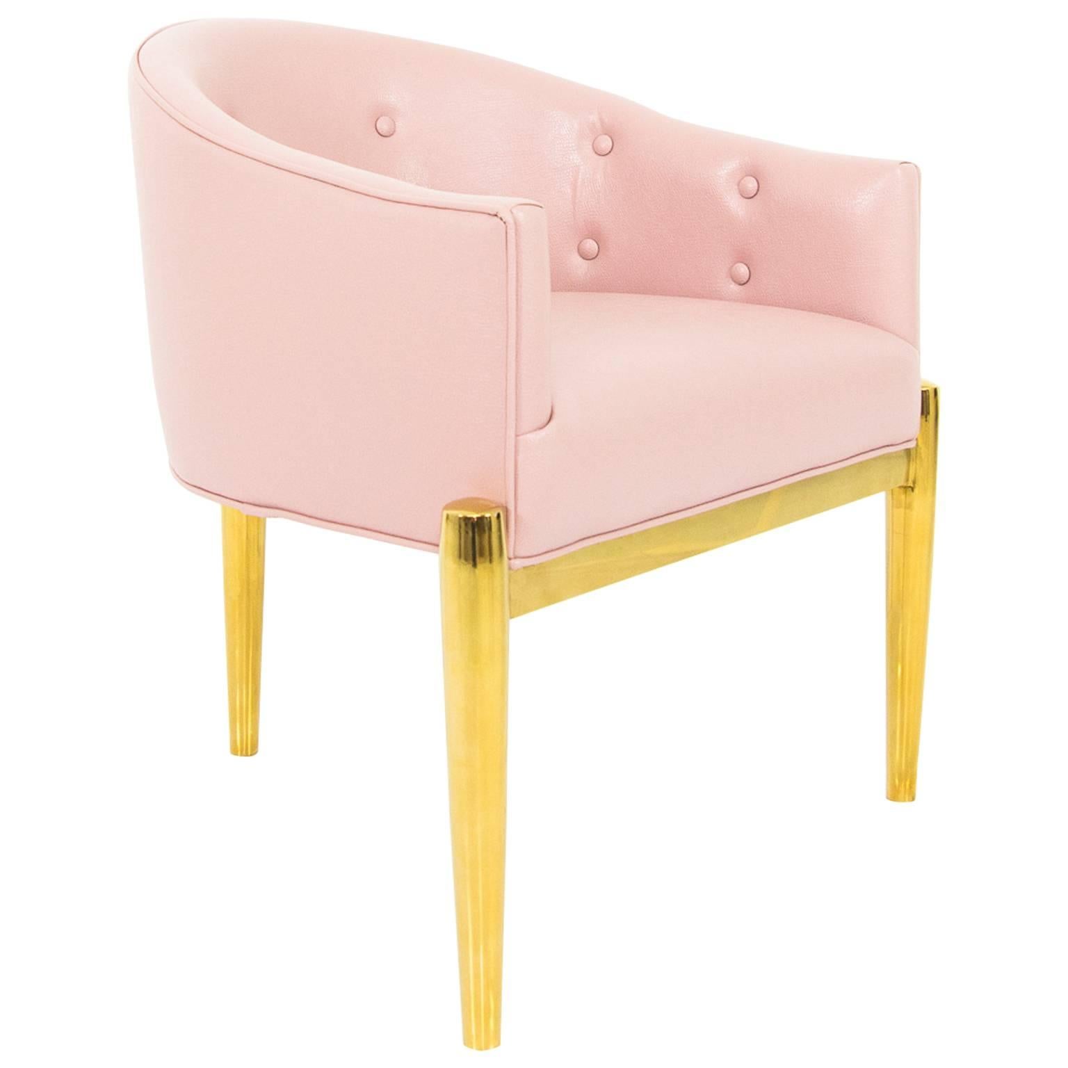 3-Leg Art Deco Style Dining Chair in Pink Faux Leather w/ Brass Finished Legs For Sale