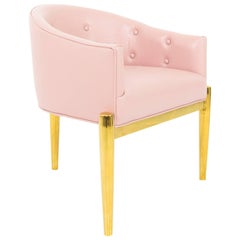 3-Leg Art Deco Style Dining Chair in Pink Faux Leather w/ Brass Finished Legs