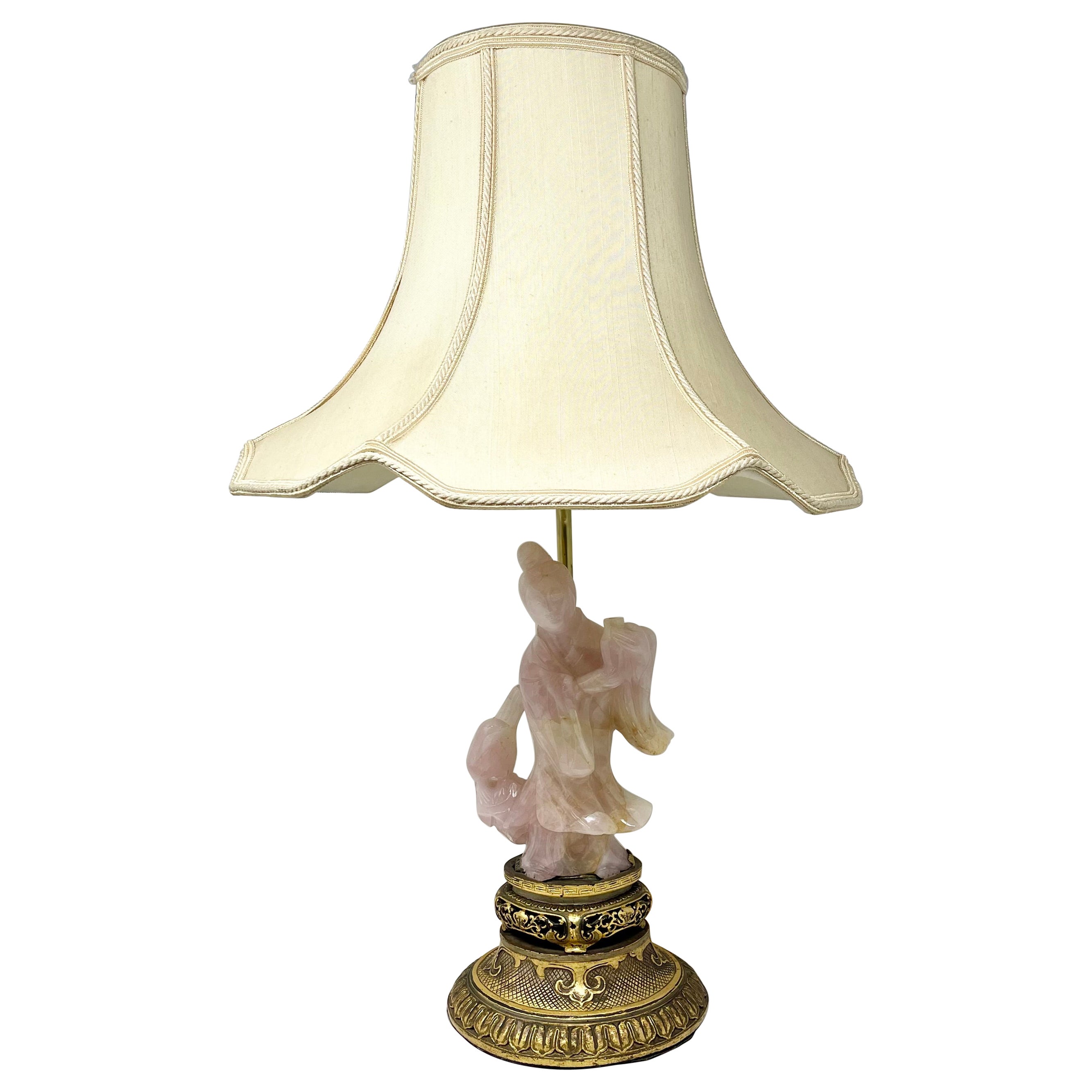 Antique Chinese Rose Quartz Figure Table Lamp on Carved Giltwood Base Circa 1900 For Sale
