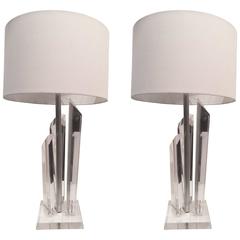 Pair of Cityscape Lucite Lamps