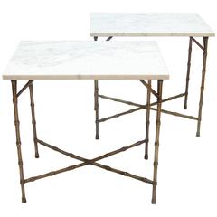 Pair of Brass Faux Bamboo and Marble Side Tables