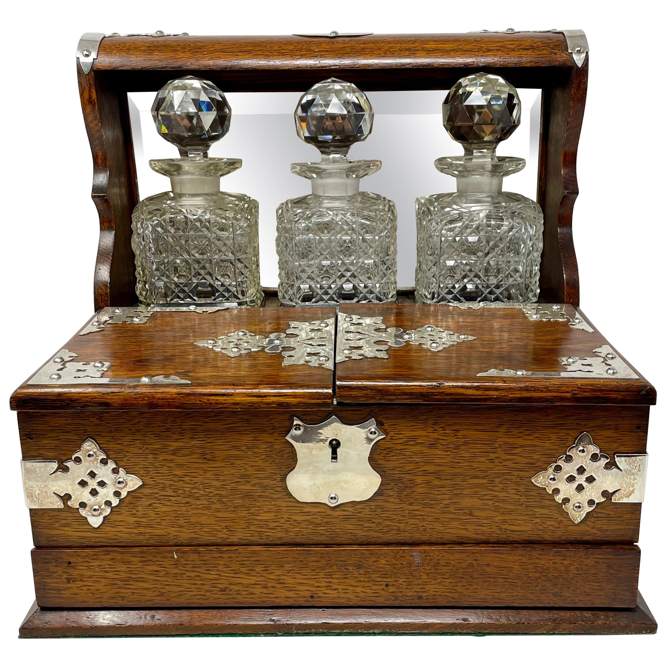 Antique English Silver-Plate, Oak & Cut Crystal Tantalus Games Box, Circa 1890. For Sale
