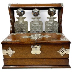 Antique English Silver-Plate, Oak & Cut Crystal Tantalus Games Box, Circa 1890.