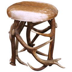 Mid-Century French Deer Antler Stool with Natural Hide Upholstered Seat