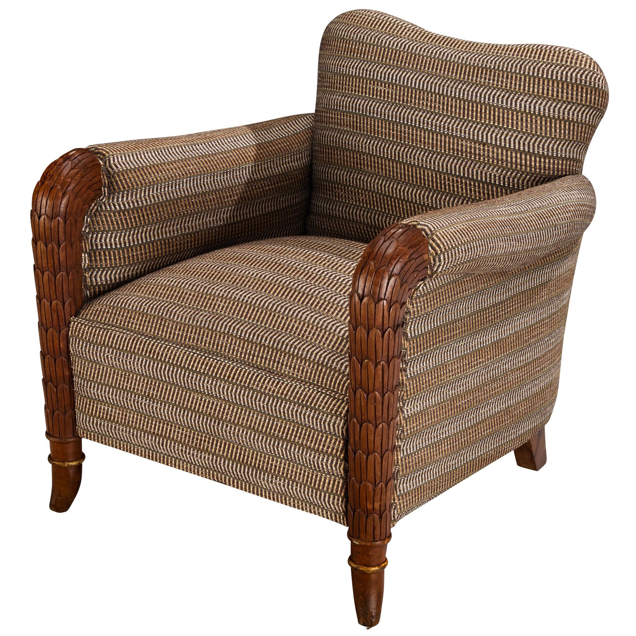 French Art Deco Lounge Chair with Carved Armrests in Feather Motif