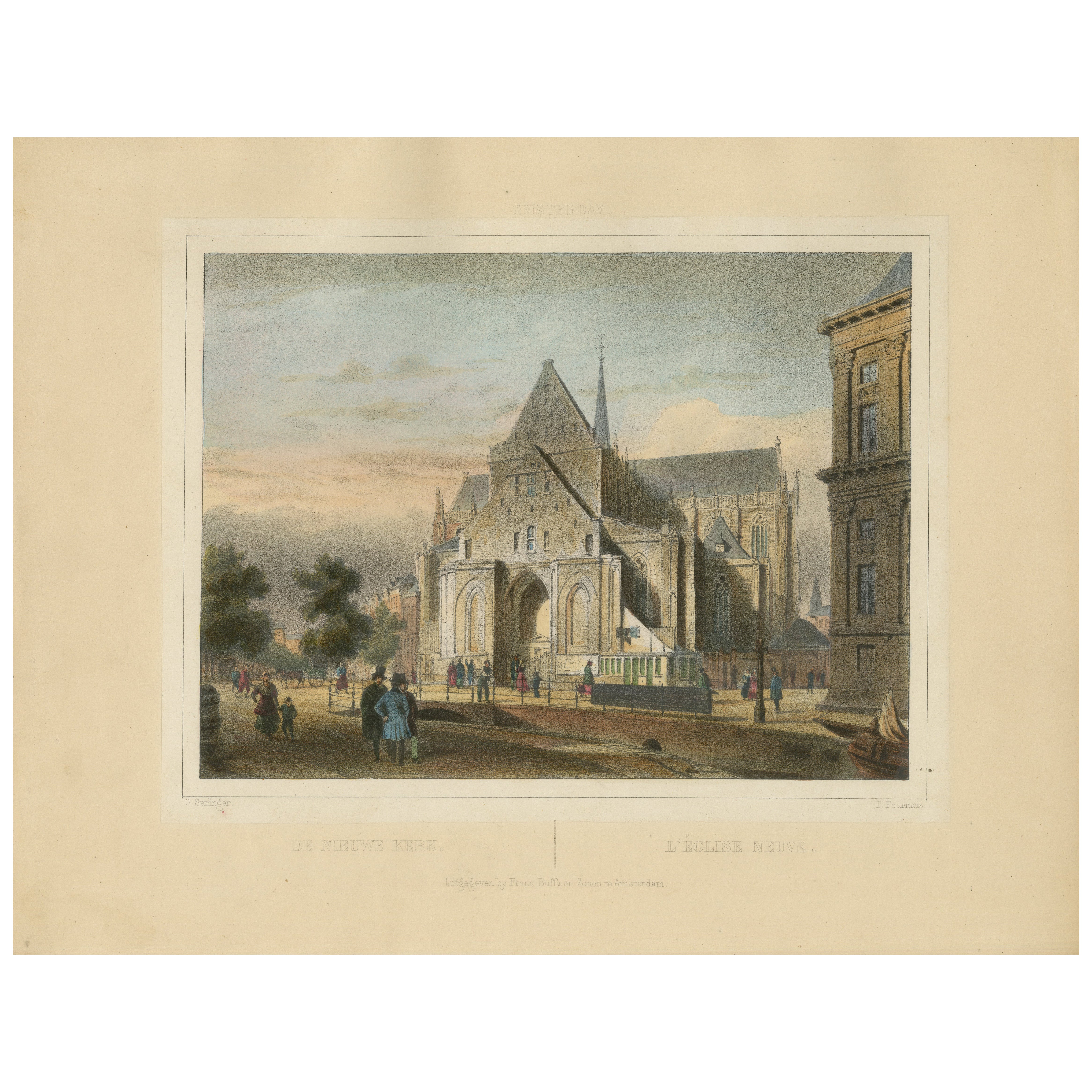 Antica veduta della Nieuwe Kerk, Amsterdam, litografia colorata a mano del 1850 ca.