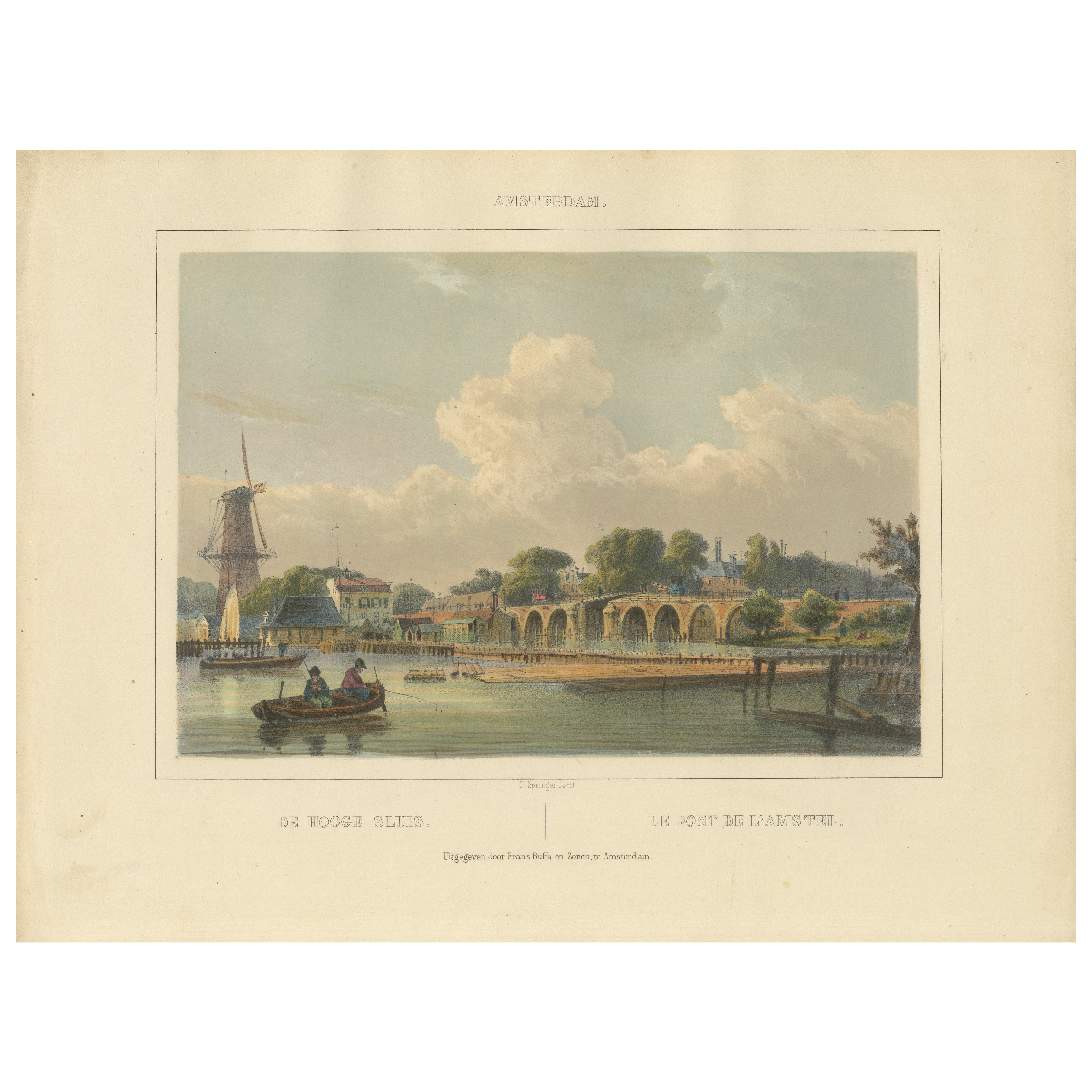 Antica veduta dell'Hoge Sluis, Amsterdam, litografia colorata a mano del 1850 ca.
