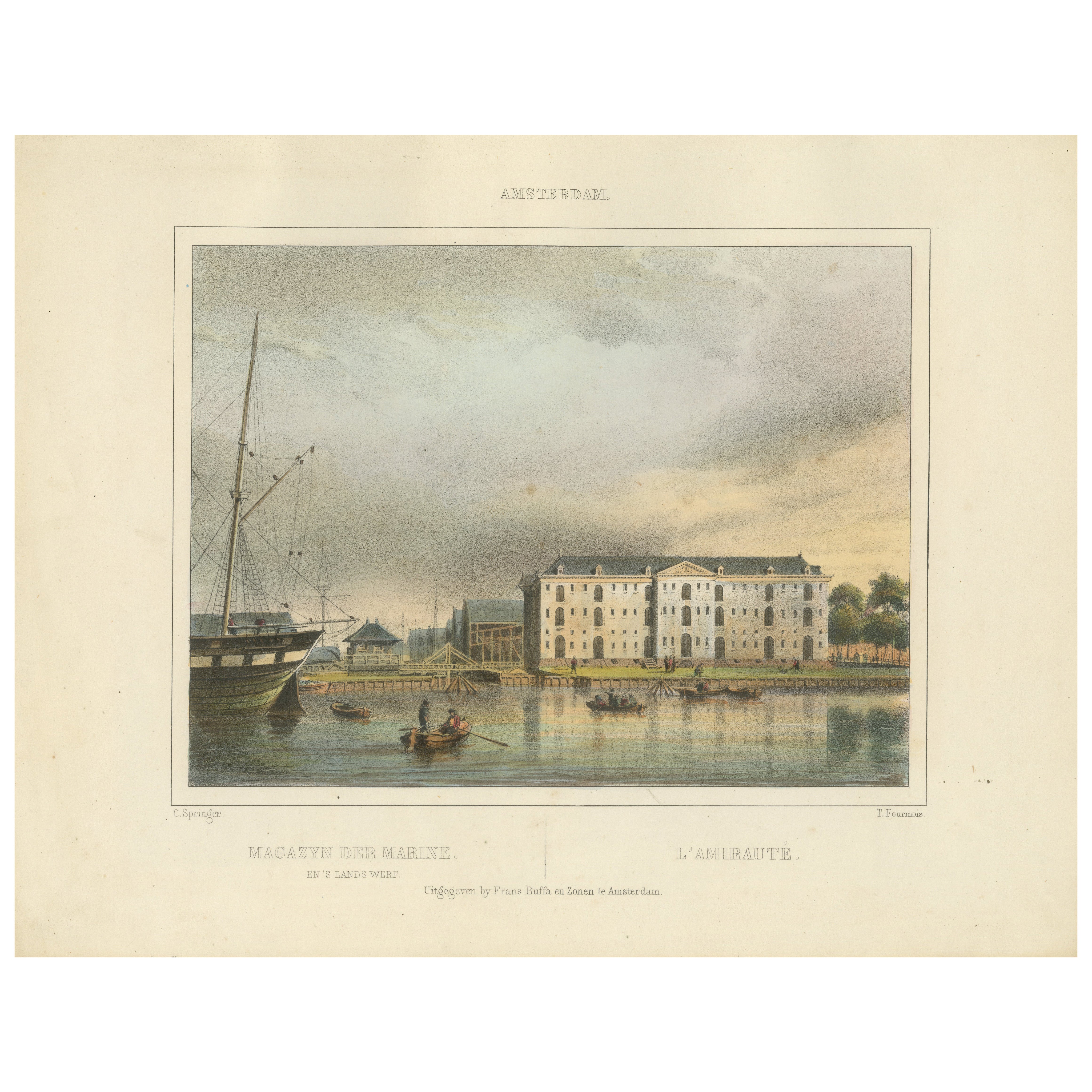 Antica veduta dell'Arsenale Navale di Amsterdam, litografia colorata a mano del 1850 ca.