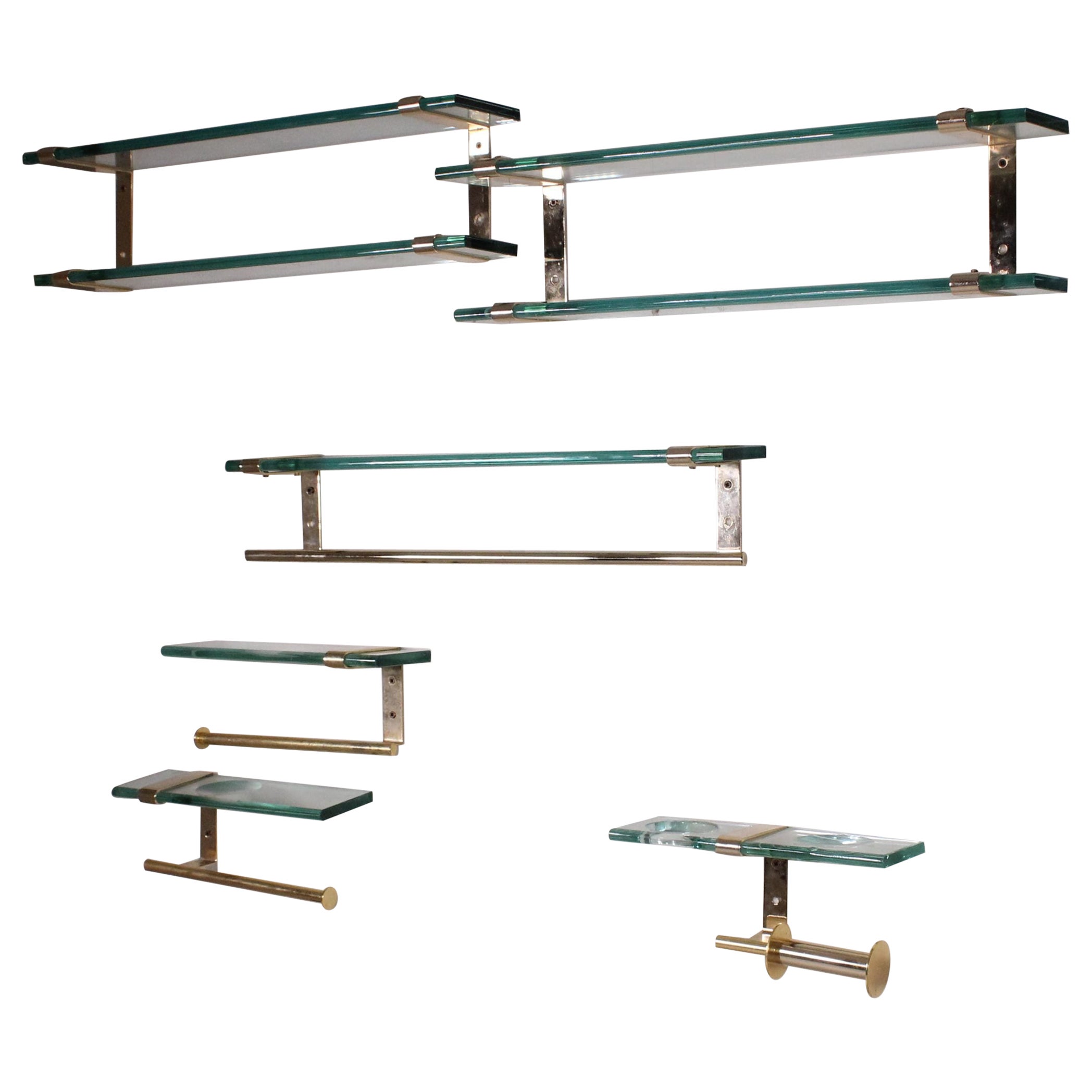 Glass and brass bathroom set, Fontana Arte style