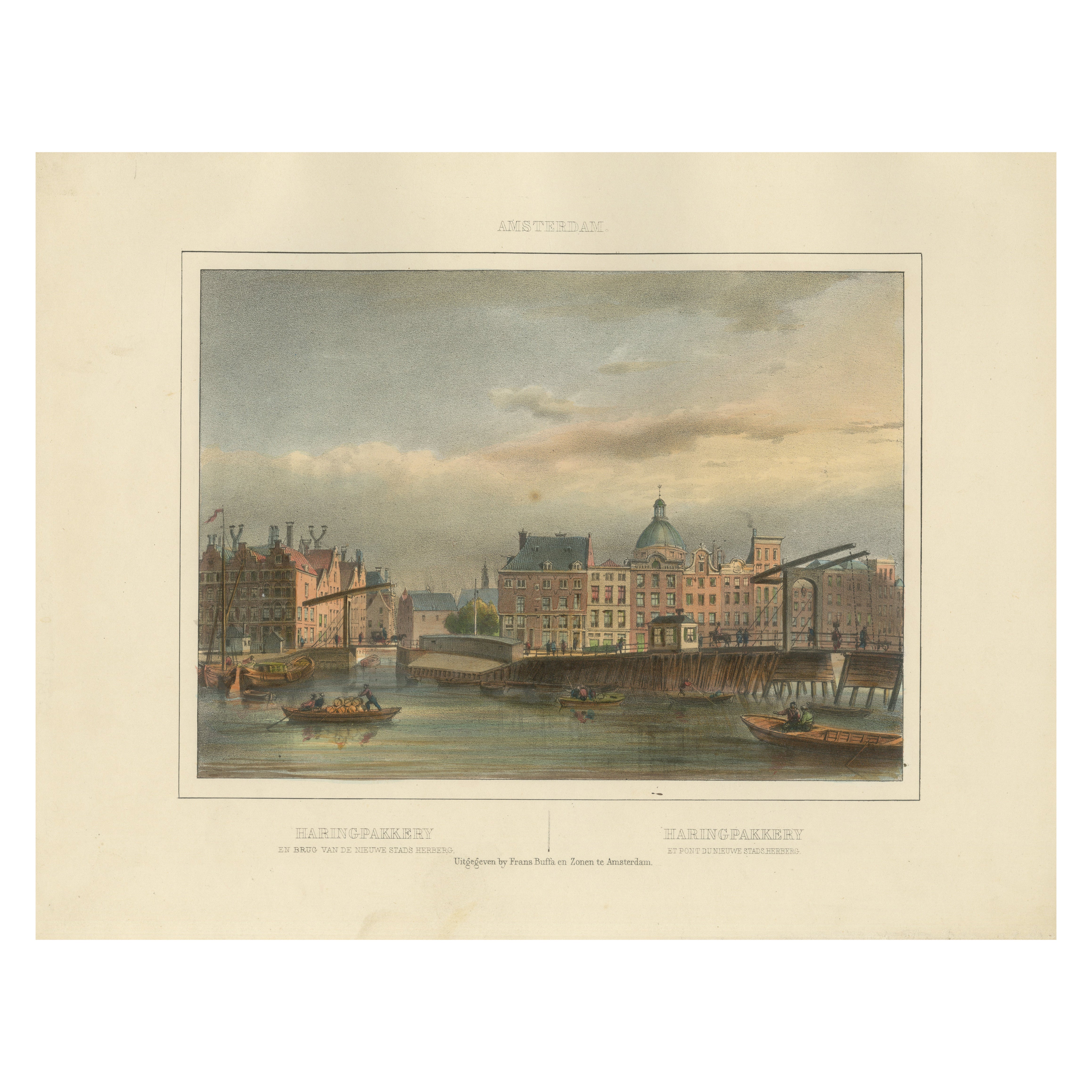 Vista antica del ponte Haringpakkerij e Nieuwe Stadsherberg di Amsterdam, 1850 ca.