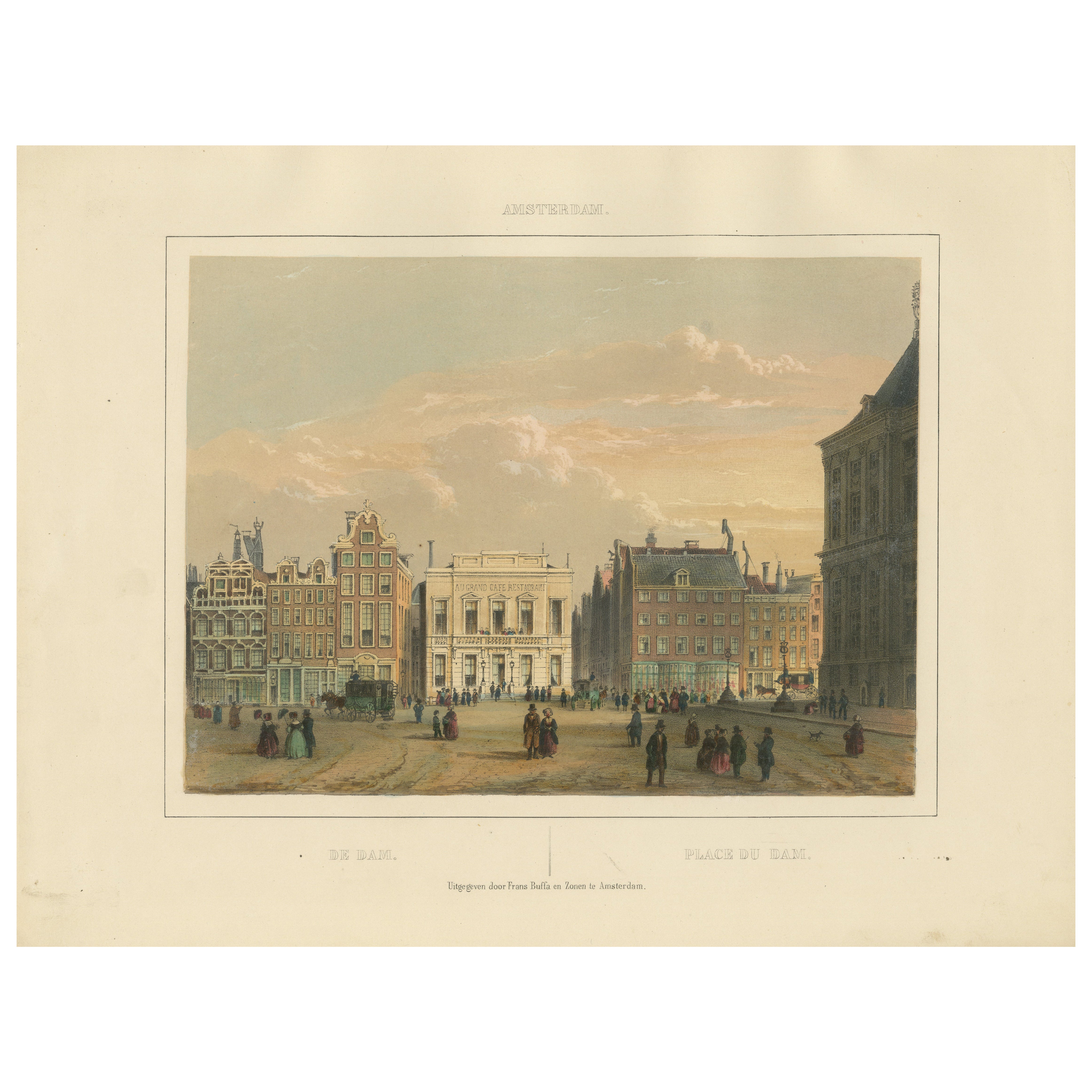 Antique View of Dam Square, Amsterdam, Hand-Colored Lithograph c.1850