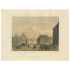 Antique View of Dam Square, Amsterdam, Hand-Colored Lithograph c.1850