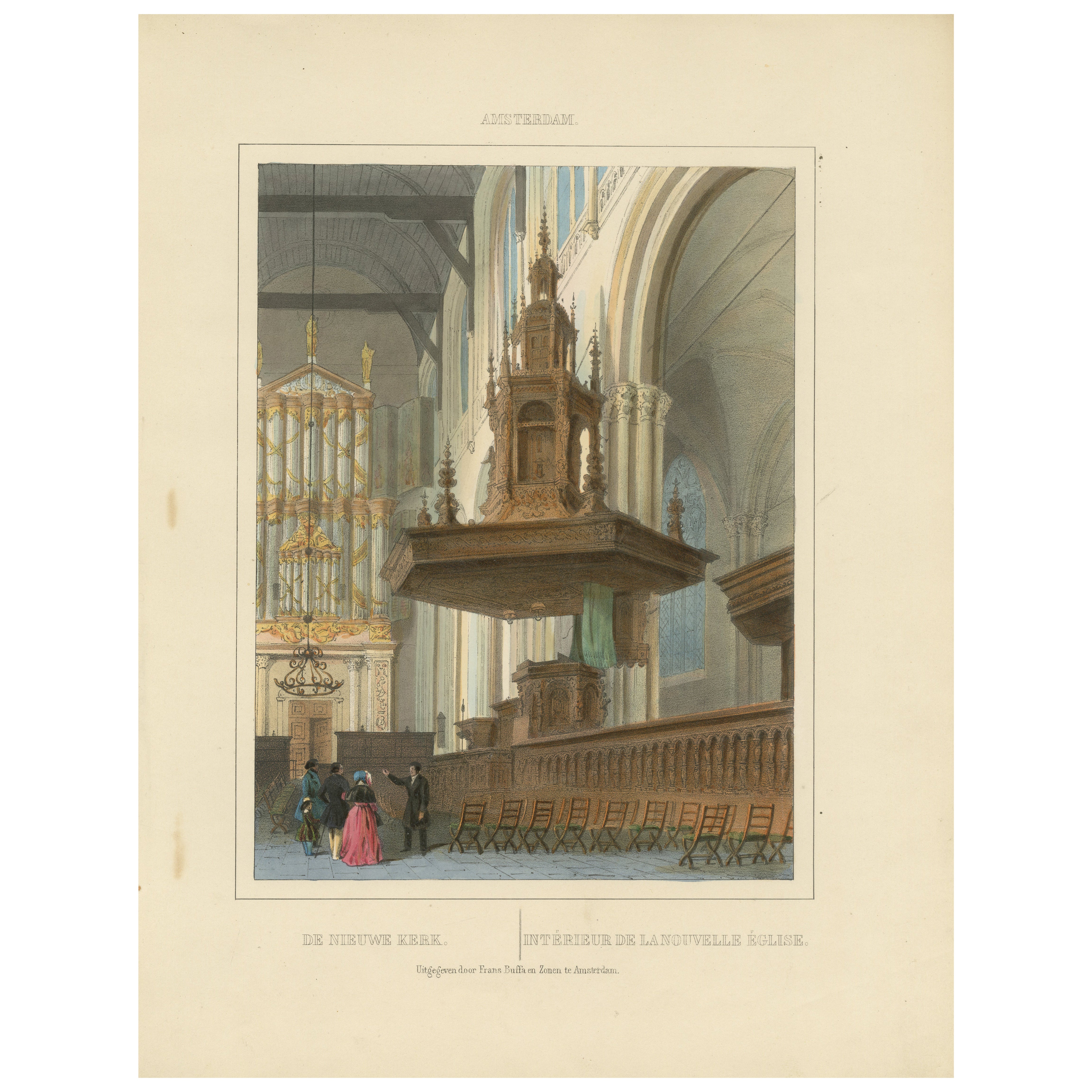 Antica veduta dell'interno della Nieuwe Kerk, Amsterdam, litografia colorata a mano, 1850 ca.