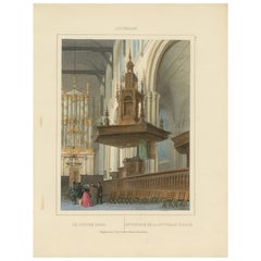 Antique View of Nieuwe Kerk Interior, Amsterdam, Hand-Colored Lithograph, c.1850