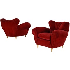Pair of Art Deco Lounge Chairs in Burgundy Red Velvet Upholstery