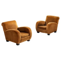 Pair of Italian Art Deco Club Chairs in Light Brown Velvet