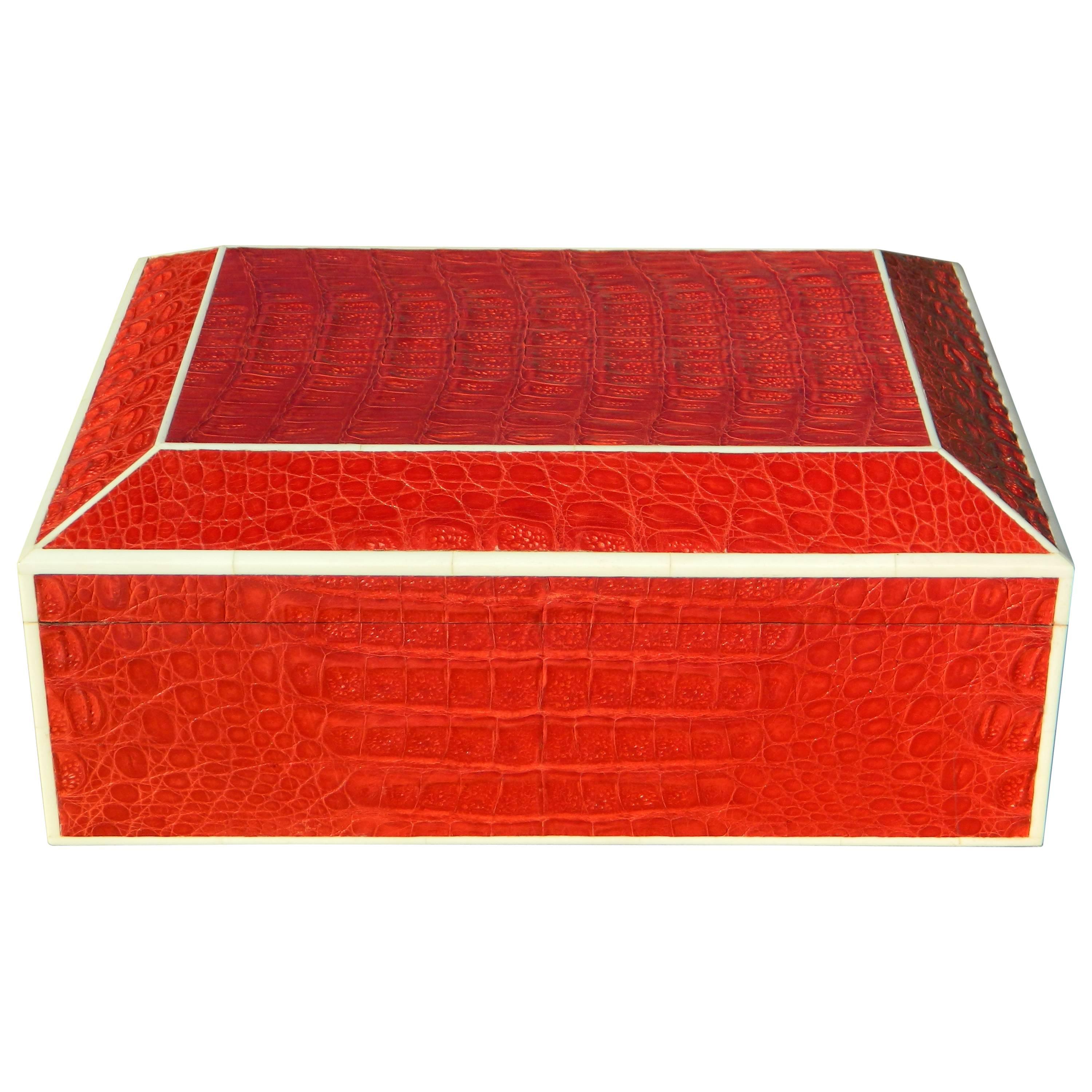 Exqusite Red Crocodile Humidor Box with Bone Inlay For Sale