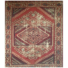 Near-Square Turkish Village Rug in Geometric Pattern in Pink, Green, Blue, Ivory