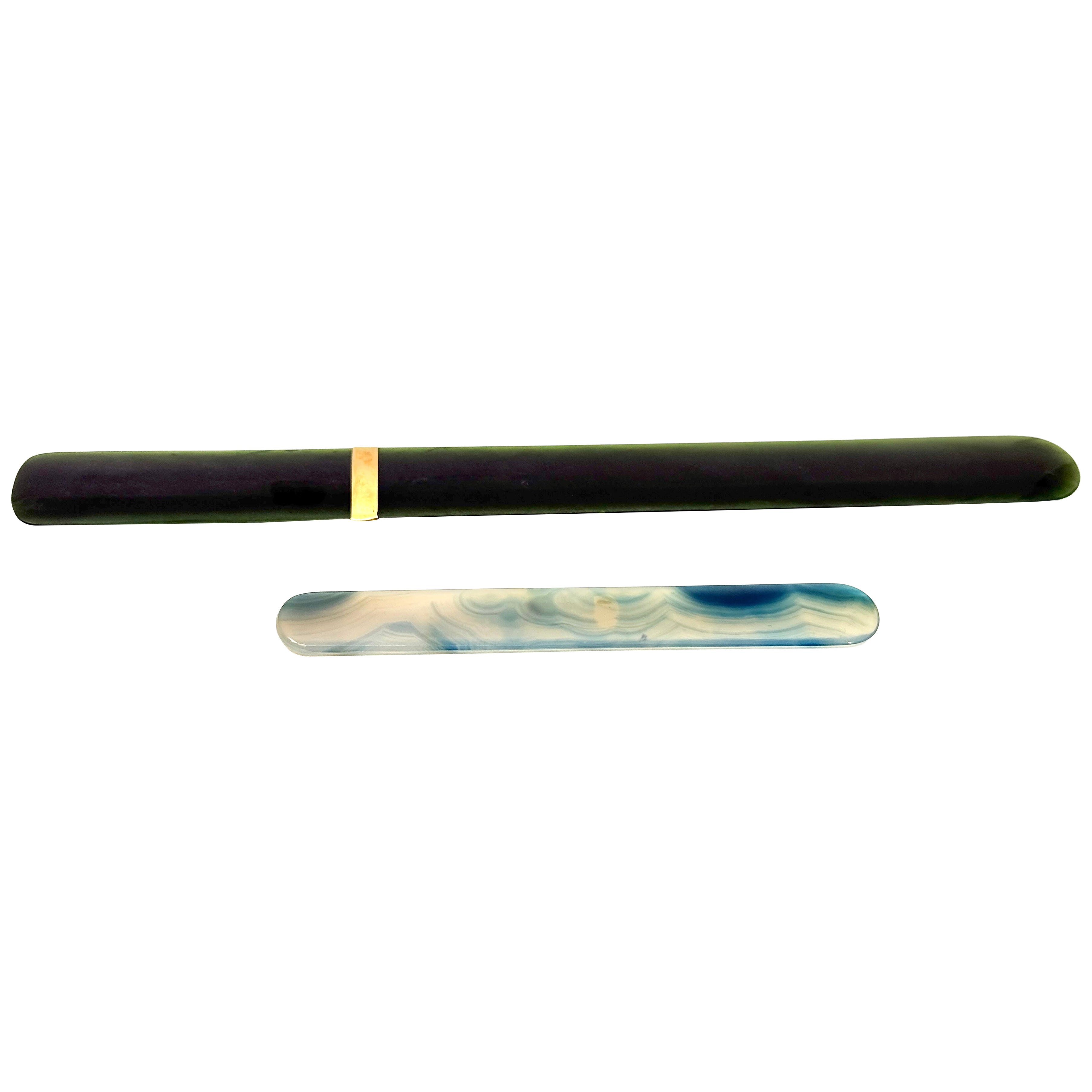 Chinese Spinach Jade and Gold Page Turner with a small Agate Page Turner