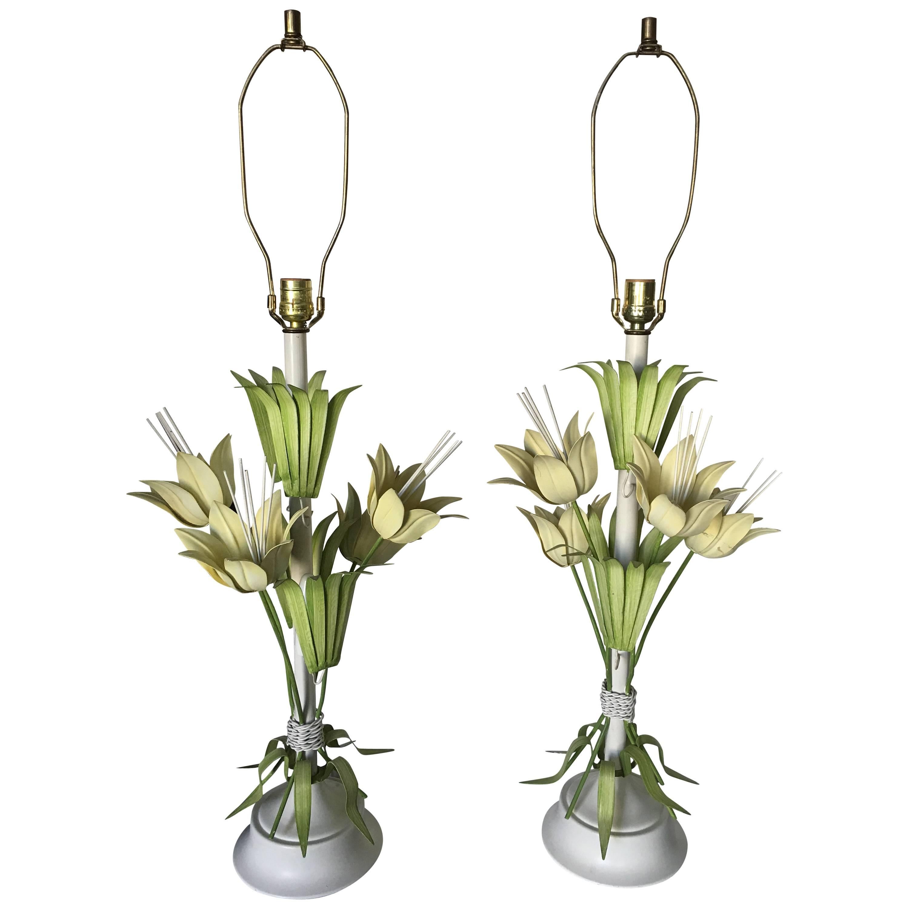 Mid-Century Sculptural Tole Flower Lamps