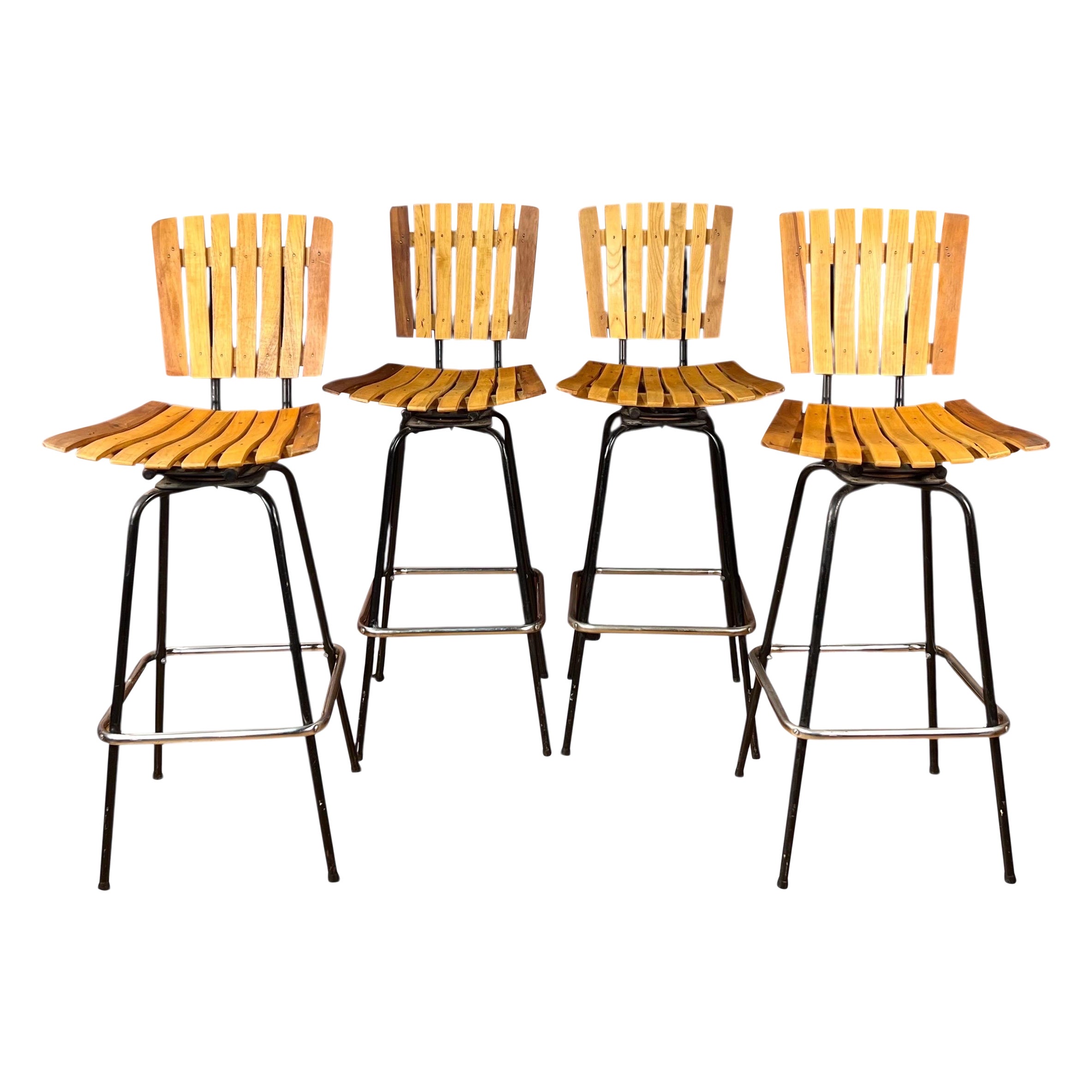 Vintage Arthur Umanoff Style Swivel Slat Bar Stools - Set of 4