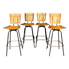 Vintage Arthur Umanoff Style Swivel Slat Bar Stools - Set of 4