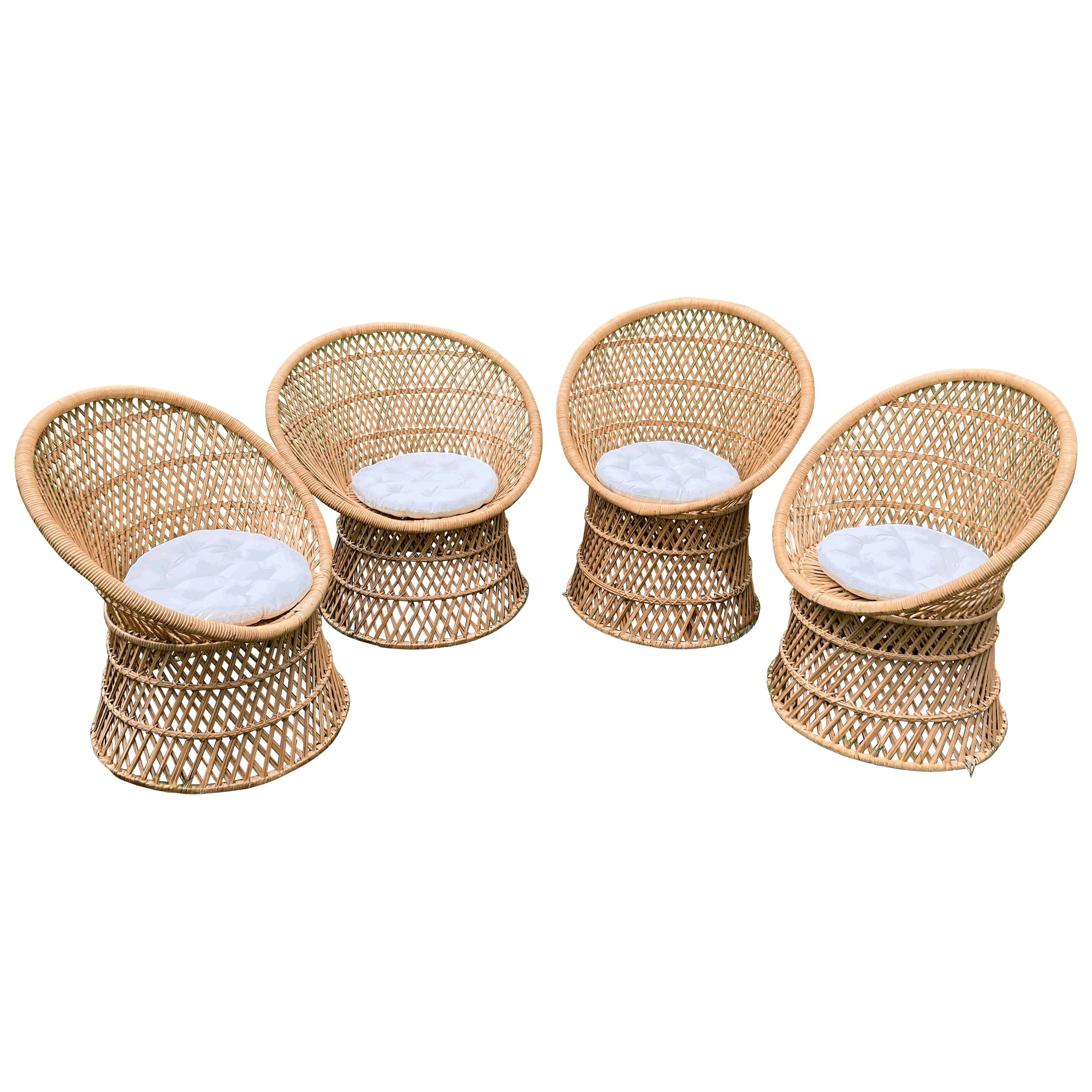 Set of 4 Vintage Handwoven Wicker Barrel Chairs