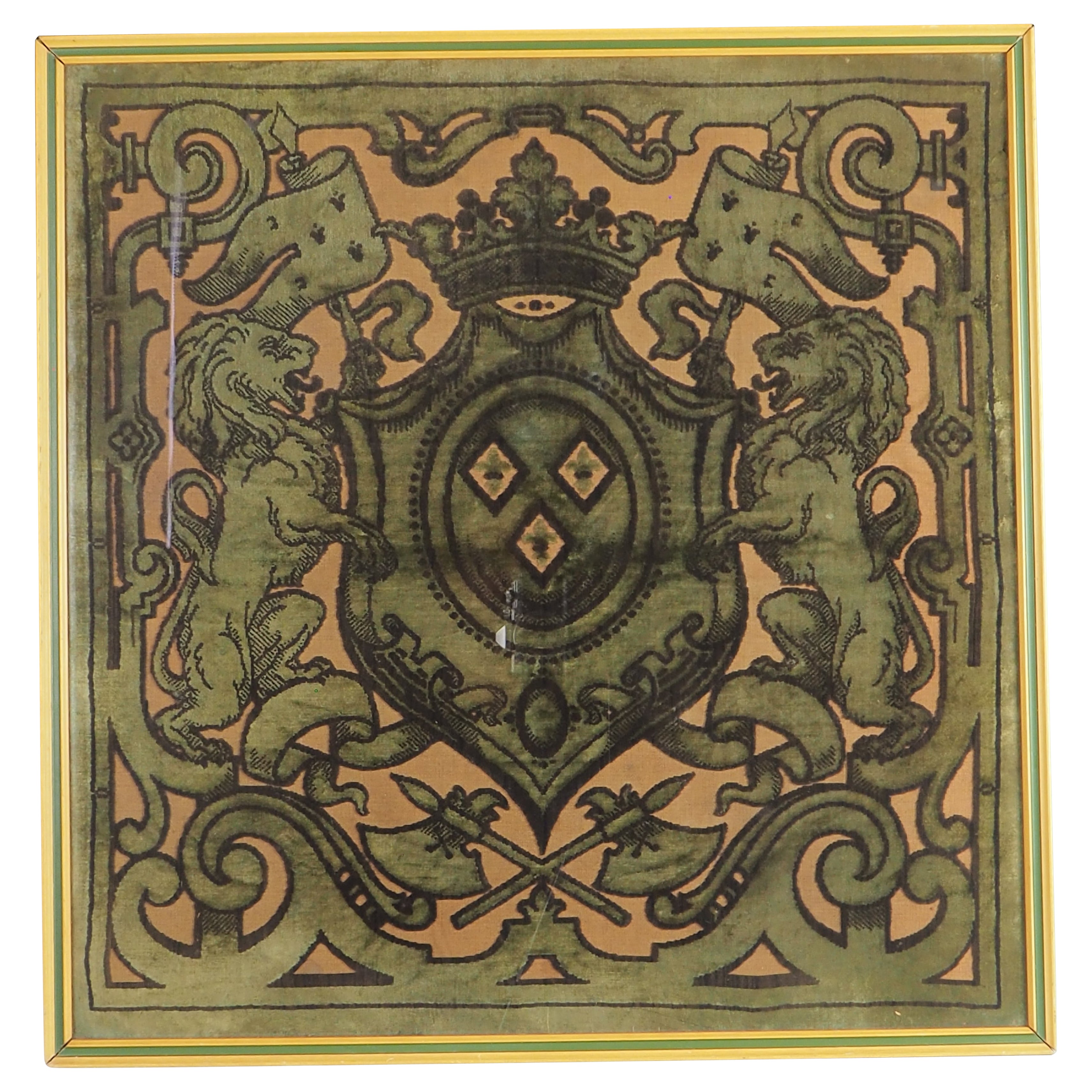 Authentic 19th Century Velvet Tapestry Featuring Coat of Arms