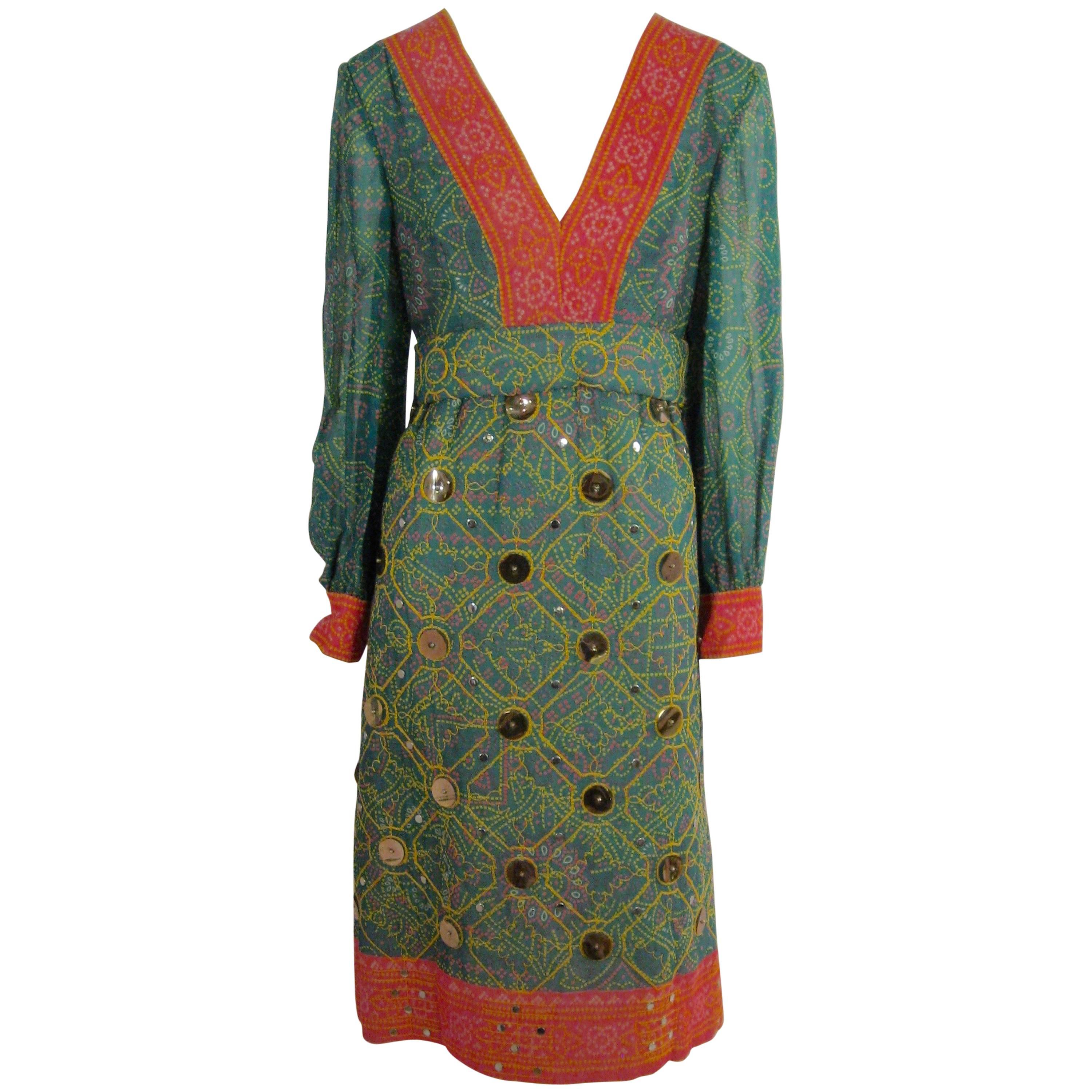 Oscar de la Renta Attributed 1970s Ethnic Print Dress with Embroidery Paillettes