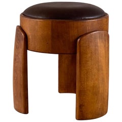 Sculptural Wooden Stool with Waxed Dark Brown Leather by FORME, Italy
