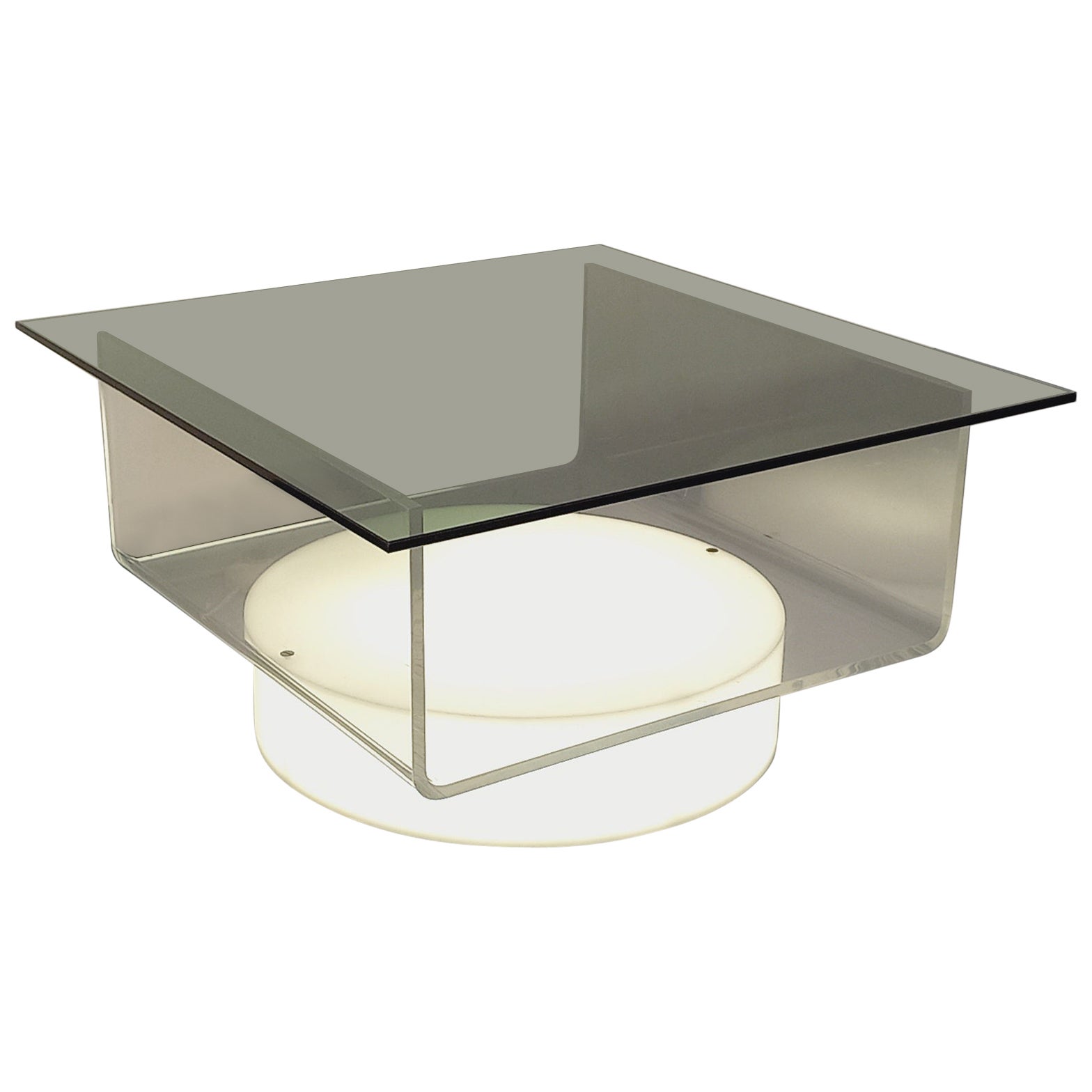 Table basse carrée lumineuse italienne vintage en verre et plexiglas Space Age