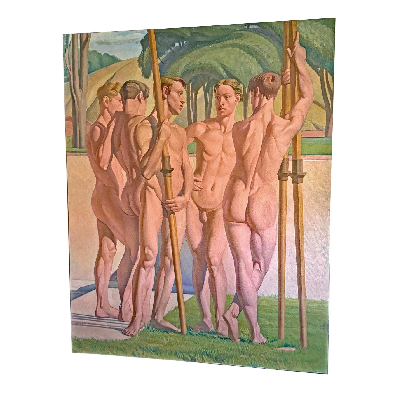 "Cinque rematori dell'Olymp", dipinto monumentale in stile Art Déco di rematori maschi nudi