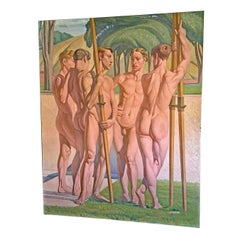 "Cinque rematori dell'Olymp", dipinto monumentale in stile Art Déco di rematori maschi nudi