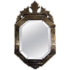 Venetian Glass Etched and Beveled Octagonal Mirror